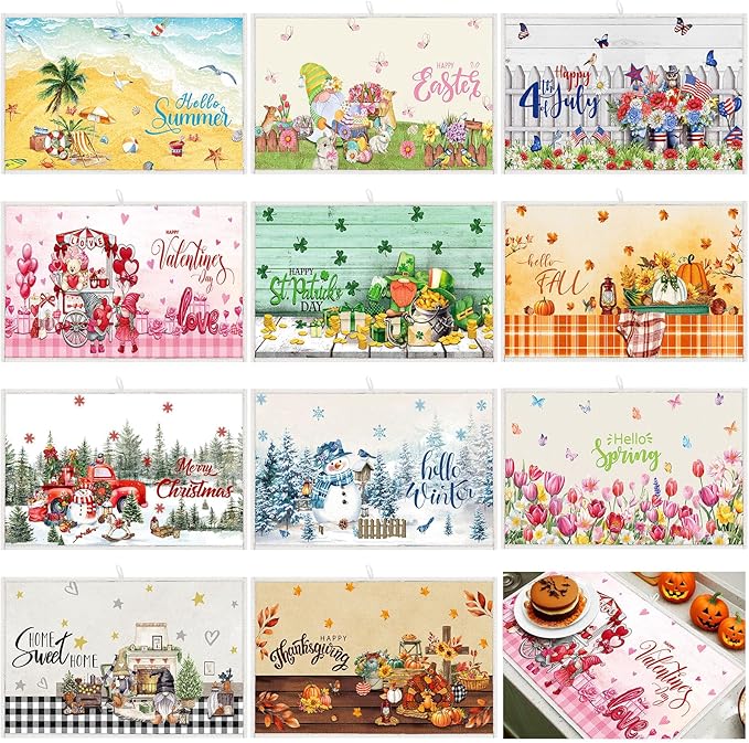 Meanplan 12 Pcs Seasonal Dish Drying Mats for Kitchen 24"x 16" Holiday Microfiber Absorbent Washable Drainer Mat Bulk for Counter Gift Winter Valentine's Day Irish Home Accessories Decoration