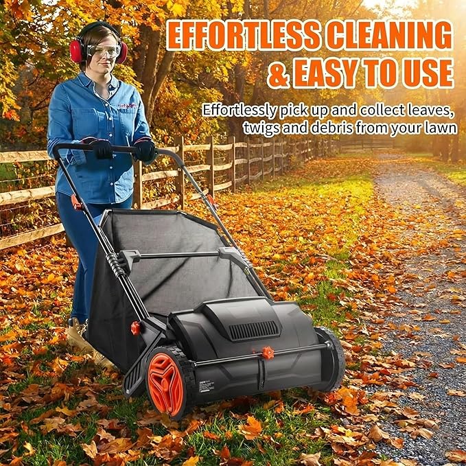 Hand Push Lawn Sweeper, 21" Sweeping Width Floor Sweeper Manual Non-Electric, 3.5 cu. ft. Large Mesh Collection Hopper Bag, 2 Spinning Brushes for Walkway, Yard, Garage, Patio (21")