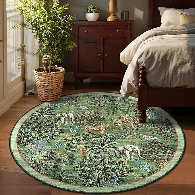 GarveeHome Jungle Round Washable Rugs 4ft Non-Slip Soft Round Rug for Kids Room, Animal Print Tiger Circle Carpet for Bedroom Entryway Playroom Nursery, Forest Green