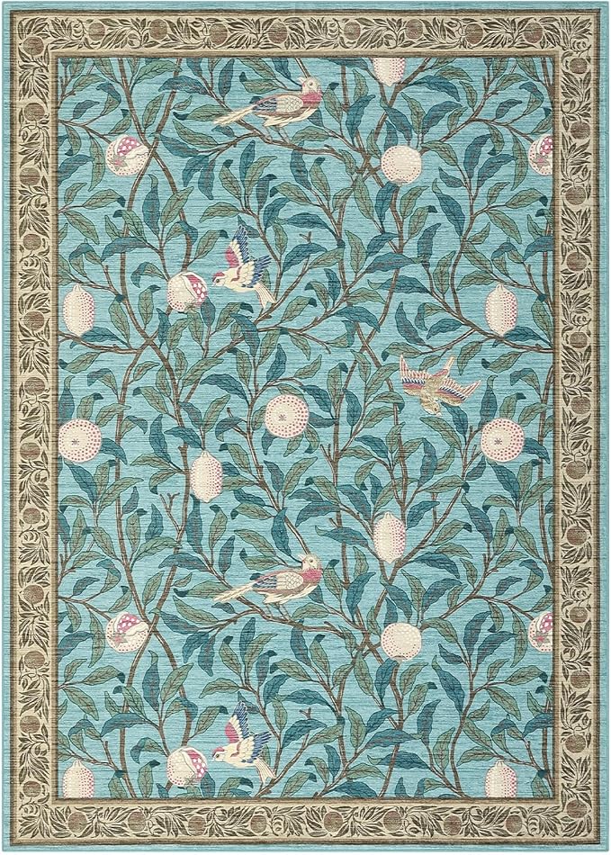 GarveeHome 8x10 Area Rugs for Living Room, Boho Leaf Rugs for Bedroom with Soft Low Pile, Non Slip Botanical Bird Large Washable Rug 8x10 for Dining Room Stain Resistant Blue Throw Rug