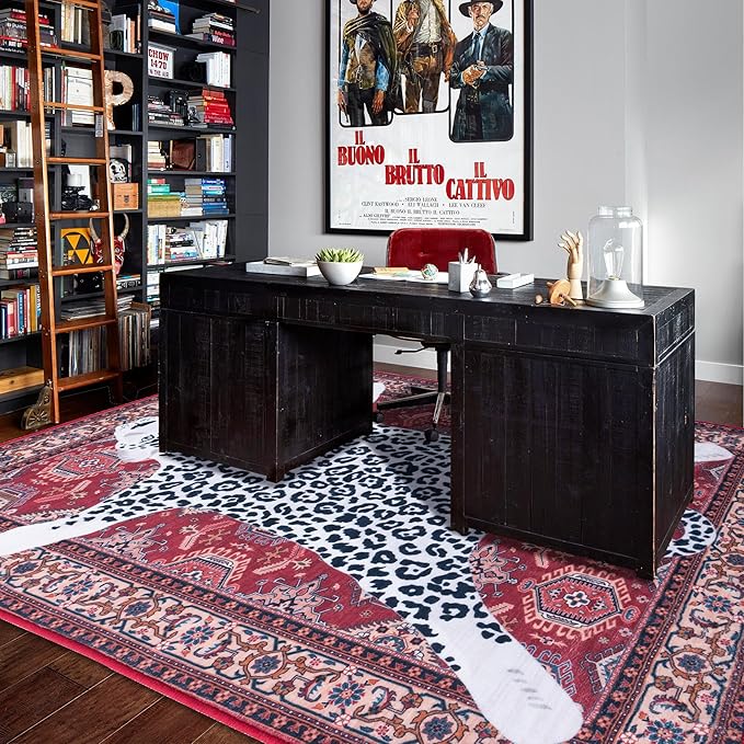Oriental Leopard Rug 6x9 ft Washable Traditional Red Persian Rug for Bedroom Living Room, Dining Room Under Kitchen Table, Soft Non Slip Thin Rug Carpet (Red Leopard, 6X9 FT)