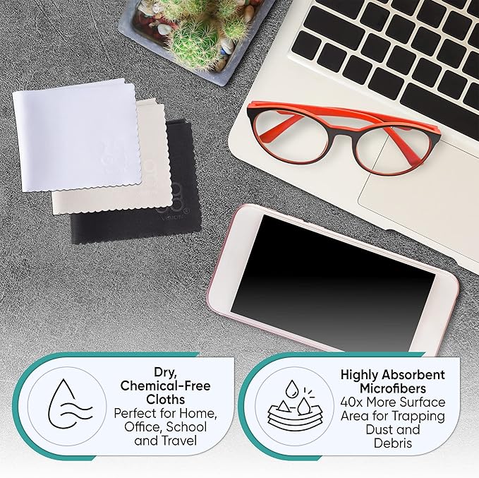 Microfiber Cleaning Cloth 12-Pack Individualy Packed (6"x 7") Glasses Cleaning Cloths for Eyeglasses Phone Computer Screen Laptop Camera Lenses (4 Black, 4 Grey, 4 White)