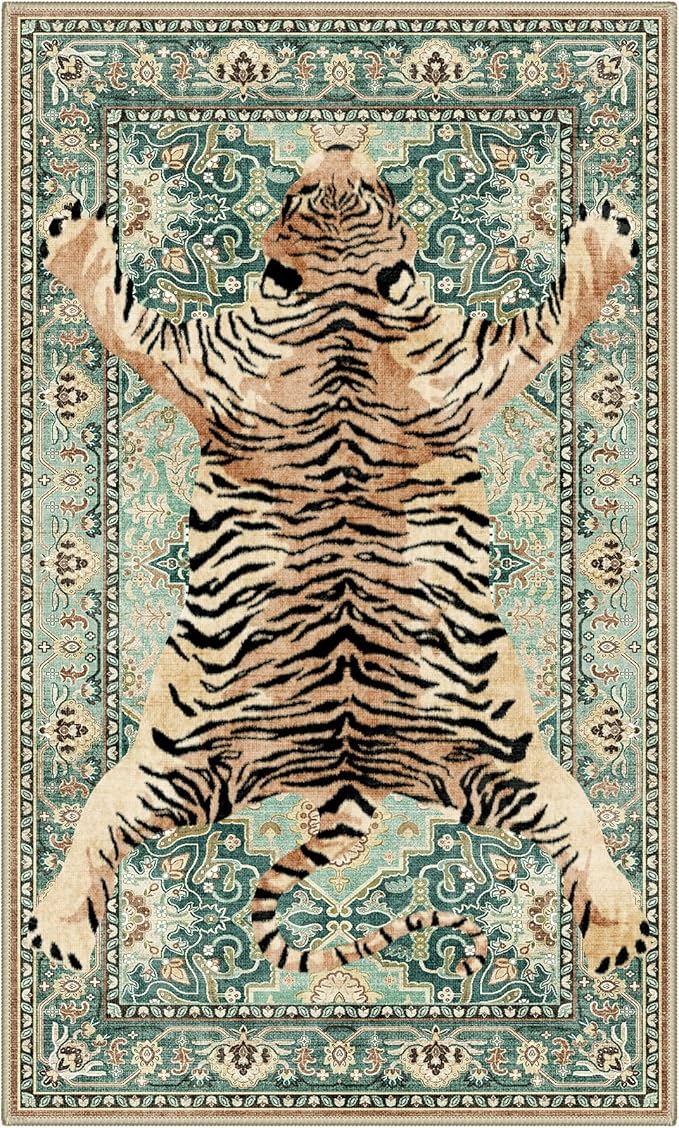 Bavni 3x5 Tiger Rug, Machine Washable Animal Print Low Pile Boho Woodland Jungle Carpet, Non-Slip Non-Shedding Pet Friendly Rug for Living Room Playroom Nursery Bedroom Entryway, Green