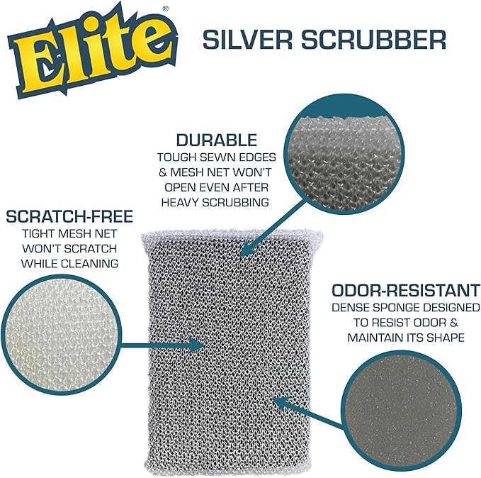 Elite Silver Scrubber PRO Sponge, 6 Pack, Non Scratch, Sponges for Kitchen and Household Use, Made in USA (Medium)