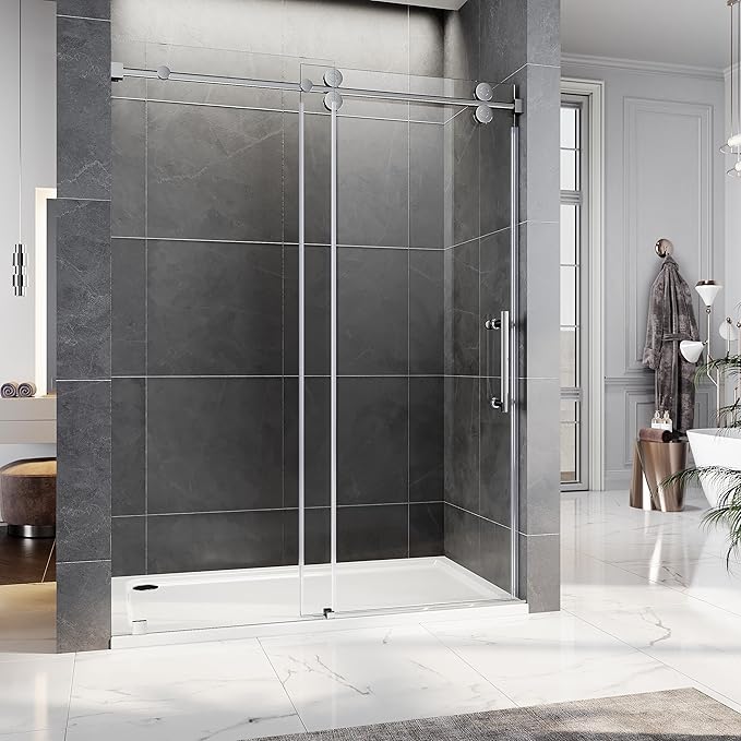 56-60 Inch x 80 Inch Sliding Frameless Shower Door, 3/8" Tempered Glass with Easy-Cleaning Coating, Stainless Steel Rollers & SGCC-Certified Stability, Bright Chrome