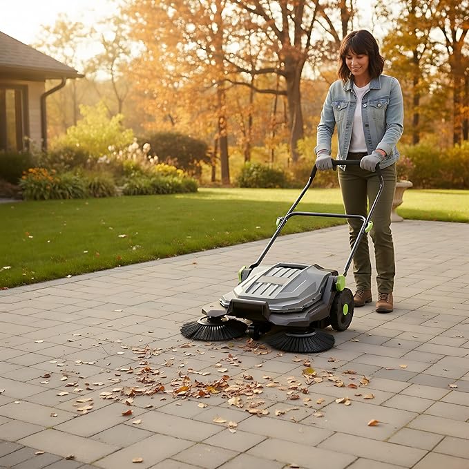 Walk-Behind Hand Push Floor Sweeper, 25.6" Sweeping Width Manual Non-Electric Sweeper with 5-Gallon Waste Container, Angle & Height Adjustable Folding Handle for Walkway, Yard, Garage, Patio