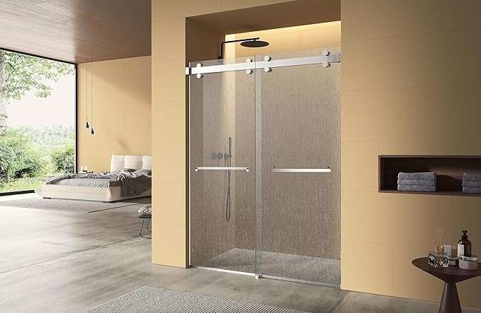 Monaco 56.5-60" W x 78" H 3/8" Twinglide Frameless Shower Door with Tempered Rain Glass (Brushed Nickel)