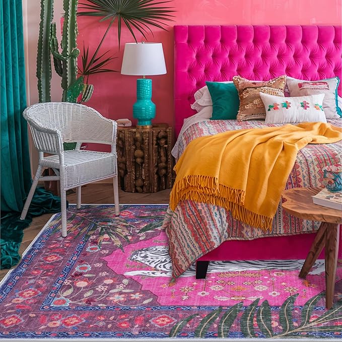 5x7 FT Leopard Rug for Living Room Hot Pink Leopard Vintage Animal Rug Aesthetic Pink Rugs for Girls Room Nursery Bedroom Home Office Dorm Thin Bright Magenta Carpet (Hot Pink, 5X7 FT)