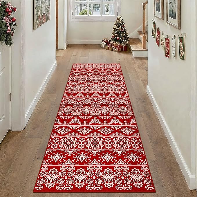 2x8 Runner Rug Red Snowflake Washable Hallway Carpet Xmas Holiday Decor Bedroom Carpet Non Slip Kitchen Mat Indoor Accent Rug Decorative Dining Room Laundry Room Living Room