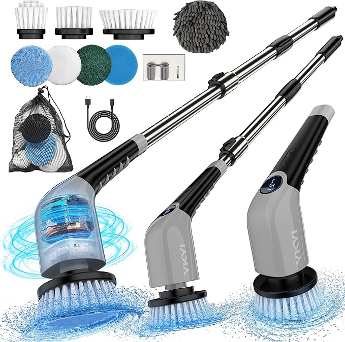 YKYI Electric Spin Scrubber-Cordless Power Scrubber with 8 Brush Heads, 3 Speeds & Adjustable Long Handle, IPX7 Waterproof Shower Cleaning Brush for Bathroom Tile, Bathtub, Grout, Kitchen(Off Grey)