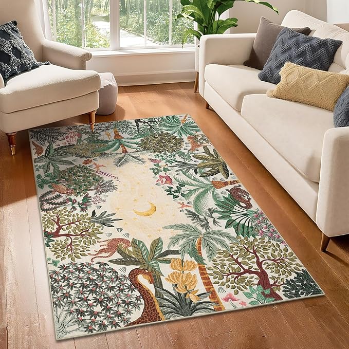 GarveeHome 3x5 Washable Area Rug for Bedroom, Jungle Animal Soft Tiger Rug Non Slip Low Pile Beige Carpet Stain Resistant Throw Rug for Bedside Kids Room Office Dining Room
