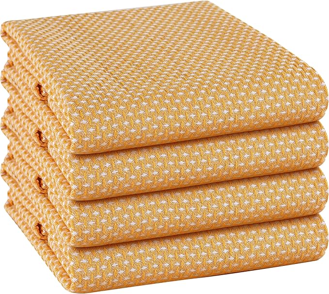 TWINY Threads 4-Pack Kitchen Towels, 100% Cotton Dotted Weave, 18x28 Inch, Soft & Absorbent Wash Cloths Set with Hanging Loop, Washable and Reusable Dishcloths for Cooking, Cleaning - Mustard Yellow
