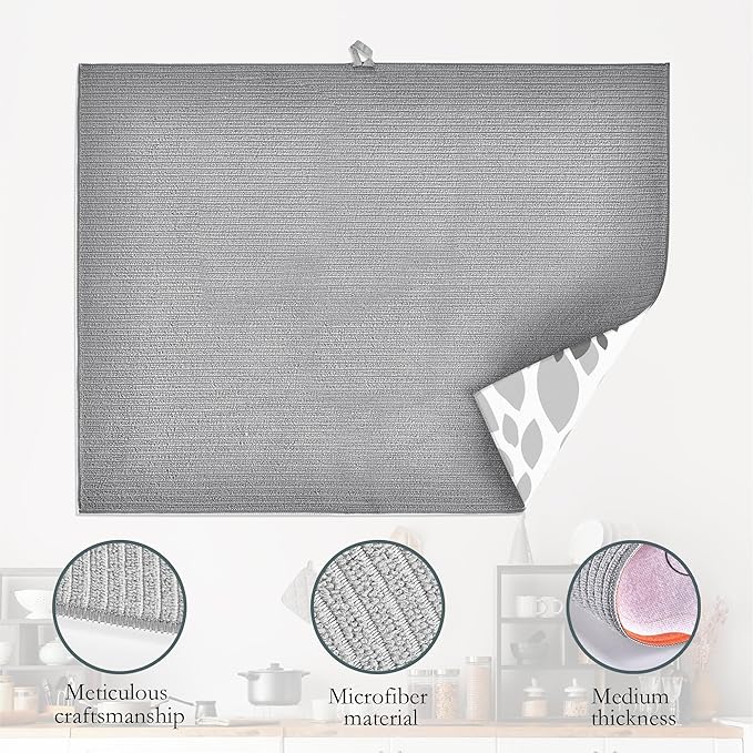 Black White Dahlia Dish Drying Mat for Kitchen Counter Decor,Geometric Dish Drying Rack Pad Absorbent Reversible Microfiber for Coffee Tableware Sink Countertop 18x24 Inch