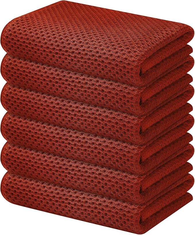 Kitinjoy 100% Cotton Waffle Weave Kitchen Hand Towels (13 X 28 Inches, Rust), 6-Pack Super Soft and Absorbent Dish Towel for Drying Dishes