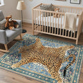 Bavni 4x6 Leopard Rug, Machine Washable Cheetah Animal Print Low Pile Boho Woodland Jungle Carpet, Non-Slip Non-Shedding Pet Friendly Rug for Living Room Playroom Nursery Bedroom Entryway, Blue