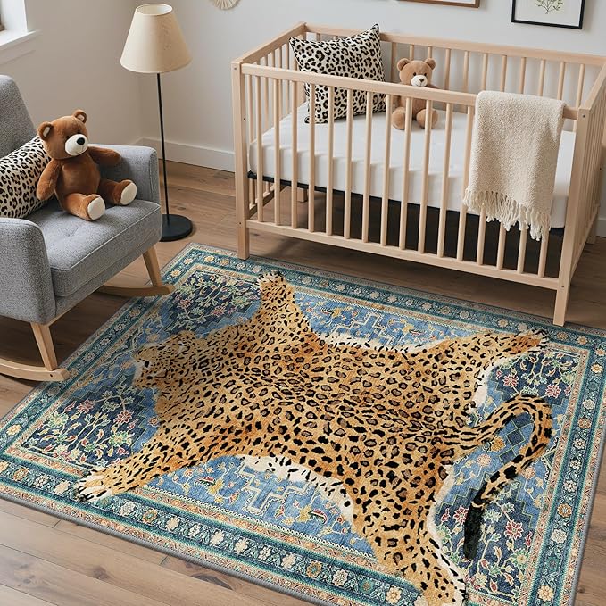 Bavni 4x6 Leopard Rug, Machine Washable Cheetah Animal Print Low Pile Boho Woodland Jungle Carpet, Non-Slip Non-Shedding Pet Friendly Rug for Living Room Playroom Nursery Bedroom Entryway, Blue
