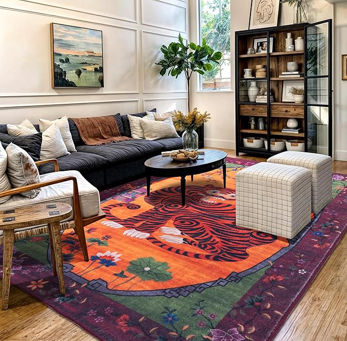 Vintage Tiger Rug Washable 10x8 ft Oriental Traditional Animal Print Purple-Green Floral Tibetan Rugs for Bedroom Kitchen Living Room Indoor Entryway Carpet Thin Rug