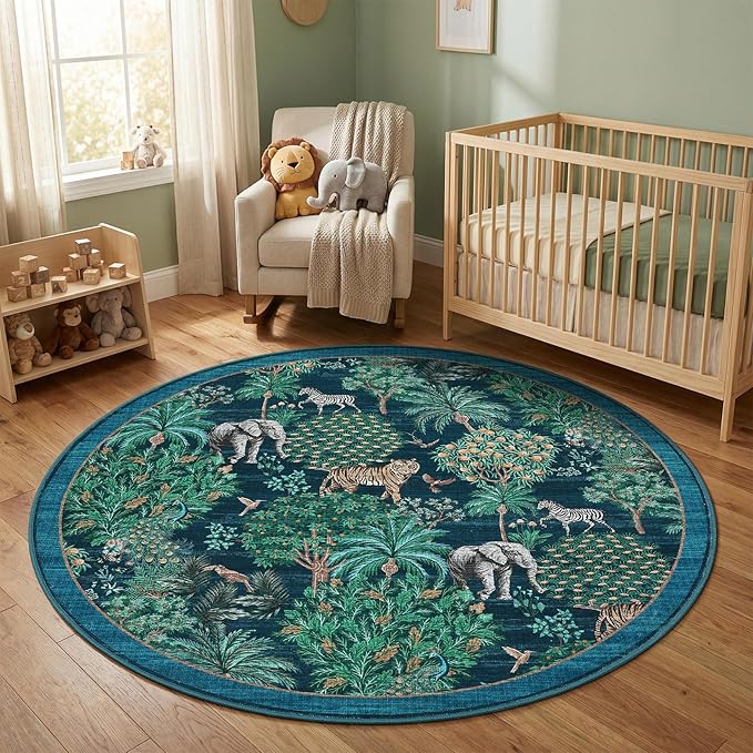 GarveeHome Jungle Round Washable Rugs 6ft Non-Slip Soft Round Rug for Kids Room, Forest Animal Print Tiger Circle Carpet for Bedroom Entryway Playroom Nursery, Blue
