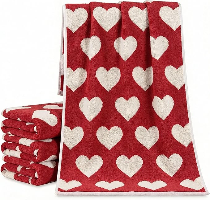 Frienda 4 Pcs Valentine's Day Hand Towels for Bathroom 13 x 29'' Soft 100% Cotton Red and White Hearts Decorative Towel Absorbent Valentine's Day Bathroom Decor for Drying Cleaning Cooking Gift