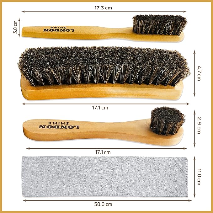 Horsehair Shoe Brush Kit 4 Piece – Premium Horsehair Shoe Brush Set for Leather Shoes & Boots, Shine Brush, Dauber Applicator, Suede Cleaner & Microfiber Cloth.