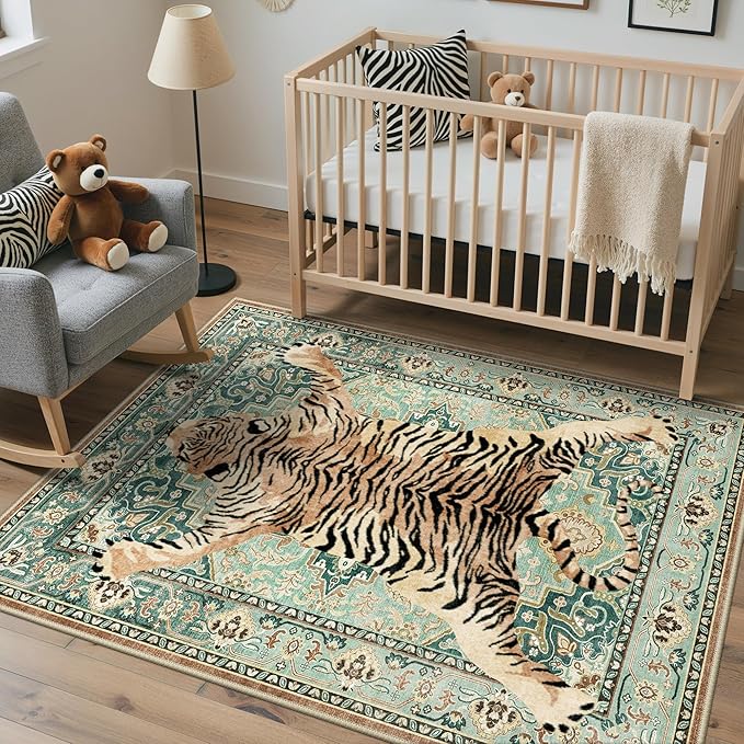 Bavni 3x5 Tiger Rug, Machine Washable Animal Print Low Pile Boho Woodland Jungle Carpet, Non-Slip Non-Shedding Pet Friendly Rug for Living Room Playroom Nursery Bedroom Entryway, Green