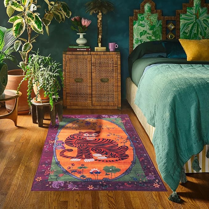 Tiger Rug Washable 3x5 ft Oriental Traditional Animal Print Vintage Fuchsia Floral Tibetan Rugs for Bedroom Kitchen Living Room Indoor Entryway