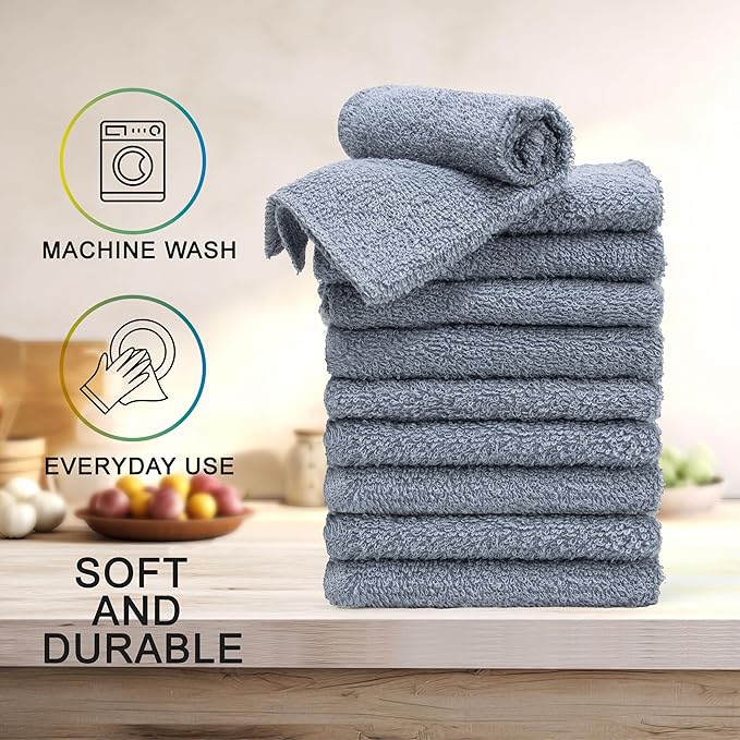 Textila Terry Wash Cloths – Pack of 10, Cool Grey, 12x12 Inches – Soft, Absorbent & Multipurpose Cotton Washcloths for Face, Hand, Bath, Kitchen, Spa, Gym & Hotel Use