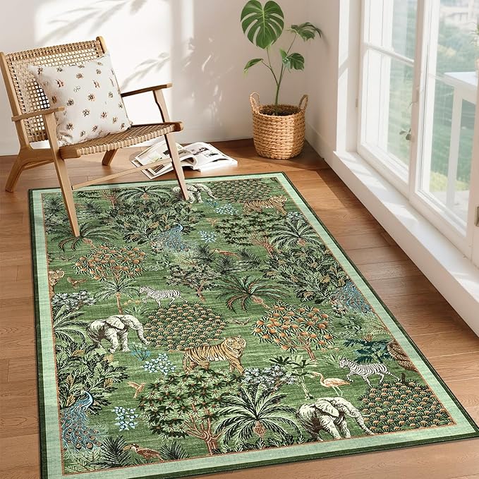 GarveeHome Jungle Animal Print Rug 4x6 Washable Area Rugs for Living Room, Forest Rug Non Slip Soft Low Pile Stain Resistance Throw Carpet for Bedroom Kids Playroom Nursery, Forest Green