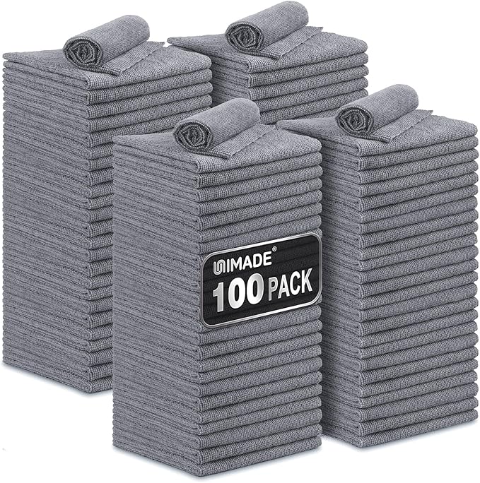 Microfiber Cleaning Cloth, 100 Pack Microfiber Towels for Cars Commercial Grade Work Rags Bulk Detailing Cloth for Automotive Bar Mechanic Restaurant Garage Housekeeping, 11.5"x 11.5", Grey