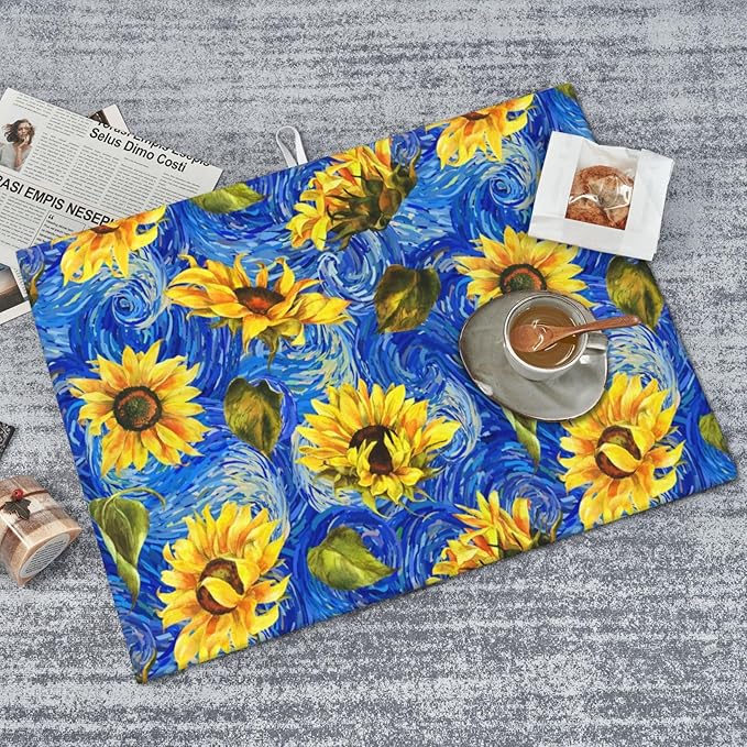 Starry Night Sunflower Blue Dish Drying Mat For Kitchen Counter Absorbent Large Kitchen Fast Dry Pad Reusable Washable Protector Rack Large Mat 18 X 24
