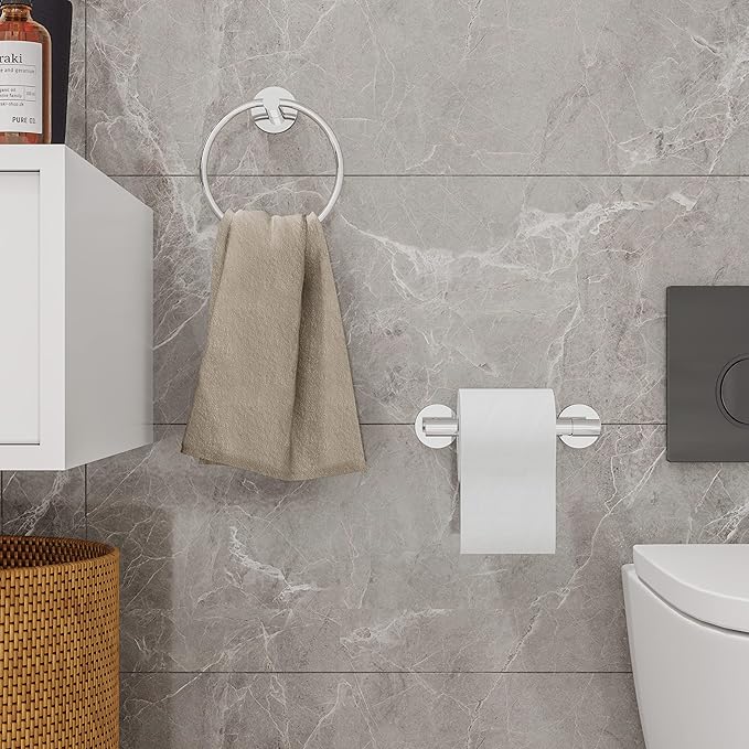 Polished Finish Toilet Paper Holder & Towel Ring SUS304 Stainless Steel 2pc Bathroom Hardware Set with Double Post Pivoting Toilet Paper Roll Holder Wall Mount & Bathroom Towel Holder Set