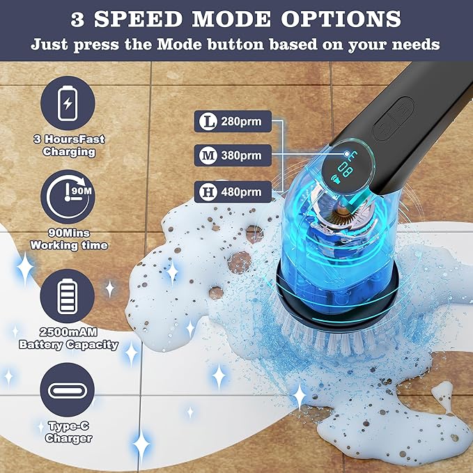 YKYI Electric Spin Scrubber-Cordless Power Scrubber with 8 Brush Heads, 3 Speeds & Adjustable Long Handle, IPX7 Waterproof Shower Cleaning Brush for Bathroom Tile, Bathtub, Grout, Kitchen(Off Grey)