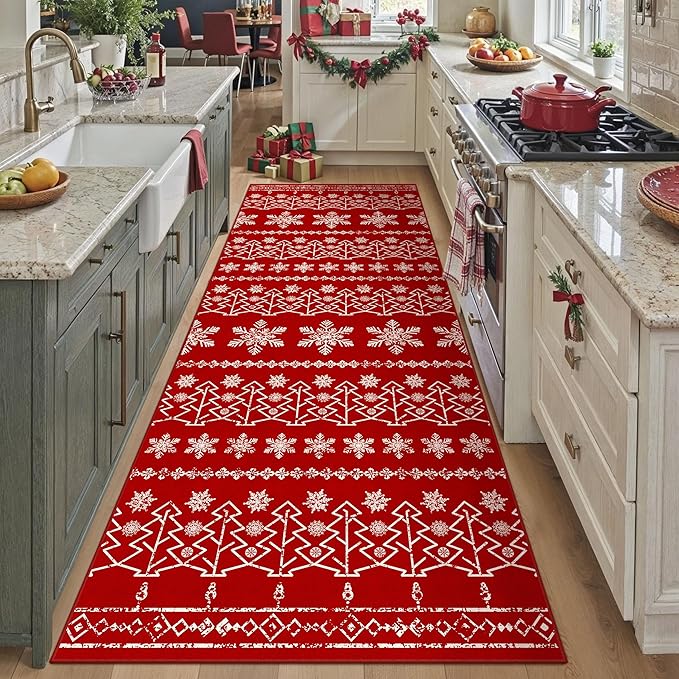 Christmas Runner Rug 3x10 Red Washable Carpet Xmas Snowflake Holiday Decor Kitchen Non Slip Soft Low Pile Long Carpet Indoor Throw Rug Laundry Room Living Room Bedroom Dining Room