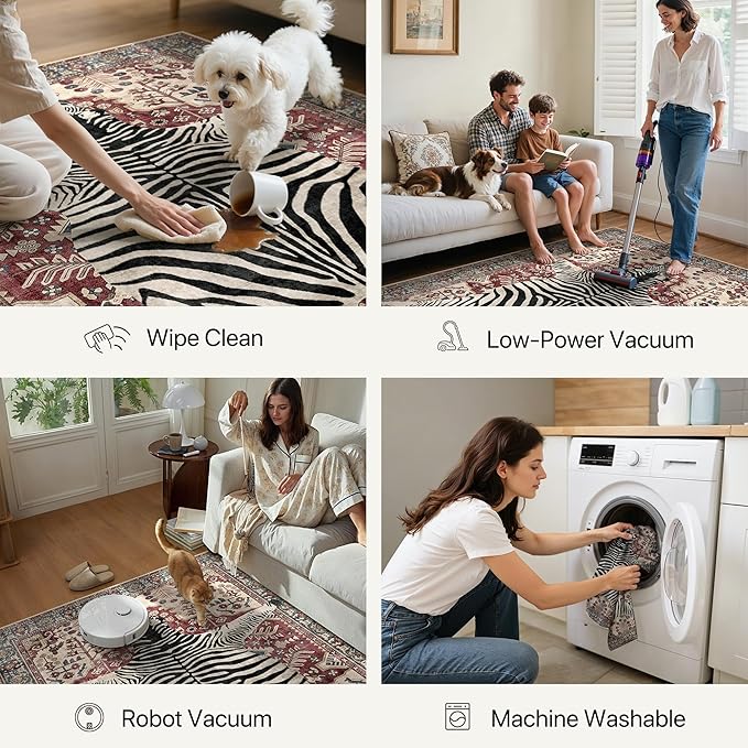Bavni 2x3 Zebra Rug, Machine Washable Door Mat,Soft Animal Small Boho Rugs Non Slip Low Pile Non-Shedding Pet Friendly Throw Indoor Print Carpet for Entryway Front Door Bathroom,Red