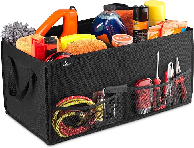 Handy Laundry Fold-Away Car Trunk Organizer – Non-Slip Securing Fasteners – 22 x 10 x 11 Inches – Prevents Shifting and Rolling (Black)
