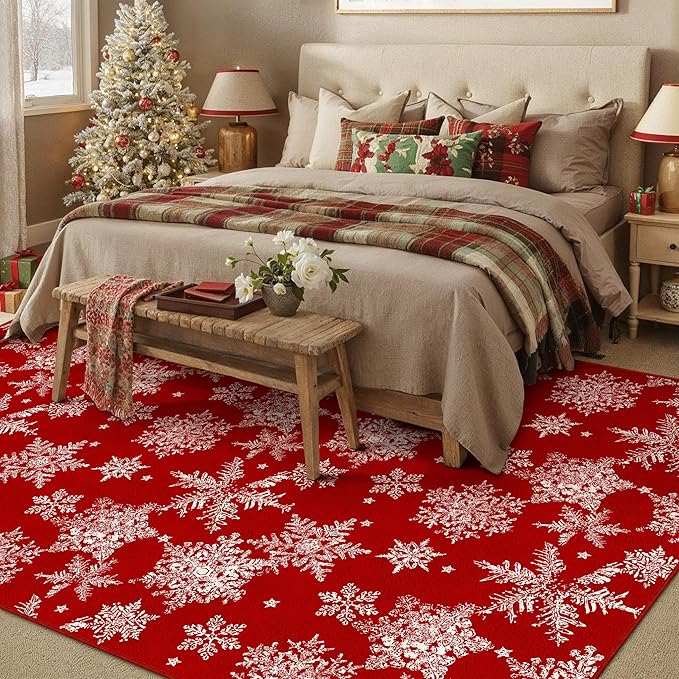 Red Area Rug 5x7 Christmas Living Room Carpet Snowflake Washable Kitchen Mat Xmas Holiday Decor Non Slip Entryway Carpet Indoor Accent Rug Decorative for Dining Room Bathroom