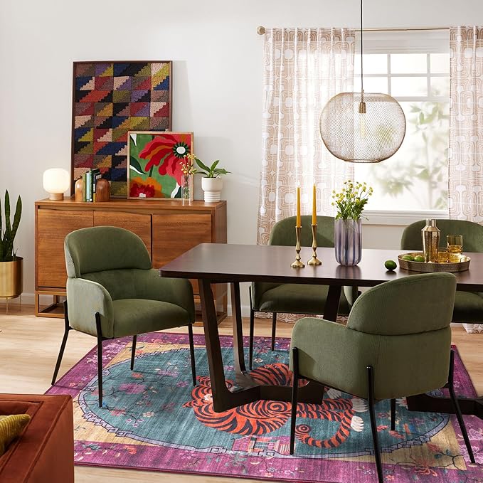 Vintage Tiger Rug Washable 8x10 FT Oriental Traditional Animal Print Purple-Green Floral Tibetan Rugs for Bedroom Kitchen Living Room Indoor Entryway Carpet Thin Rug