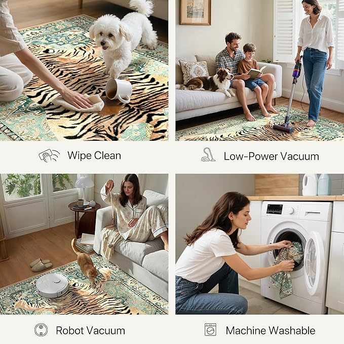 Bavni 3x5 Tiger Rug, Machine Washable Animal Print Low Pile Boho Woodland Jungle Carpet, Non-Slip Non-Shedding Pet Friendly Rug for Living Room Playroom Nursery Bedroom Entryway, Green