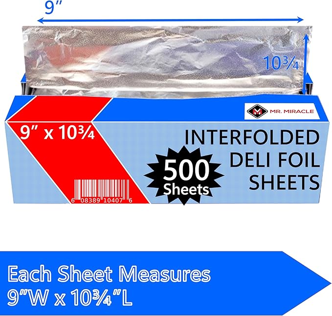 Box of 500 - Pre-Cut 9" Aluminum Foil Sheets - 9x10" Wide & Heat-Tolerant Deli Foil Sheets, 100% Aluminum, Ideal for Food Wrapping, Grilling & Freezing, Convenient Dispenser