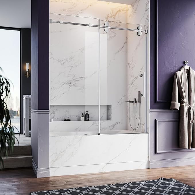 56-60 Inch x 66 Inch Sliding Frameless Bathtub Door, 3/8" Tempered Glass with Easy-Cleaning Coating, Stainless Steel Rollers & SGCC-Certified Stability, Bright Chrome