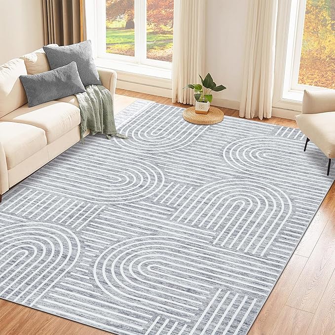 Washable Rug 4x6 Area Rugs for Living Room, Abstract Rug for Bedroom, Soft Rainbow Non Slip Throw Rugs with Rubber Back, Low Pile Stain Resistant Boho Geometric Carpet for Dining Room, Ash