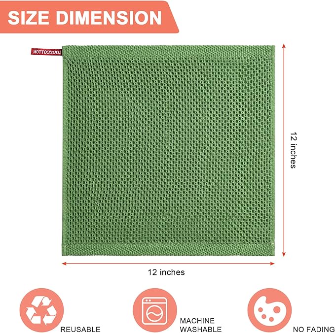 BOOMIBOO 8-Pack Kitchen Dish Cloths, 100% Cotton Waffle Weave, Ultra Soft Absorbent, Quick Drying Dish Towels, 12x12 Inches,Grass Green