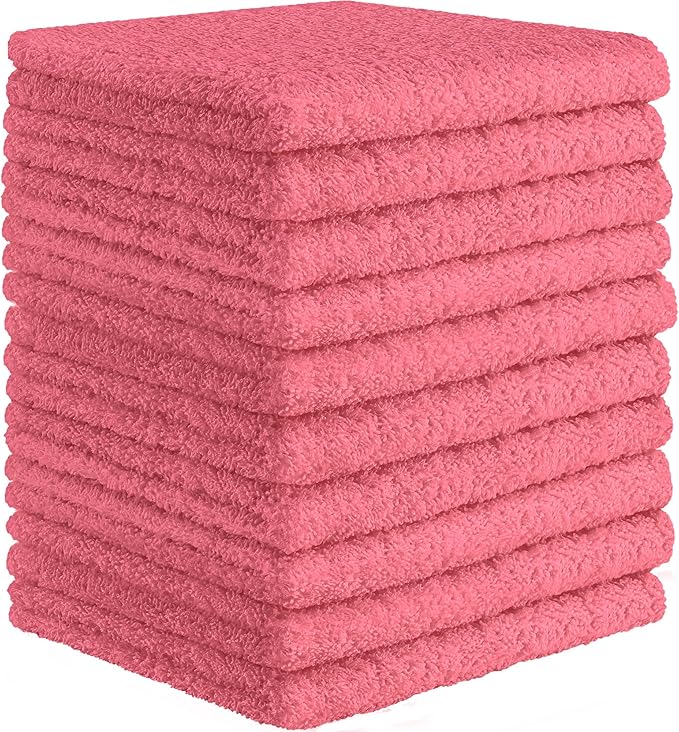 DecorRack 10 Pack 100% Cotton Wash Cloth, Luxurious Soft, 12 x 12 inch Ultra Absorbent, Machine Washable Washcloths, Pink (10 Pack)