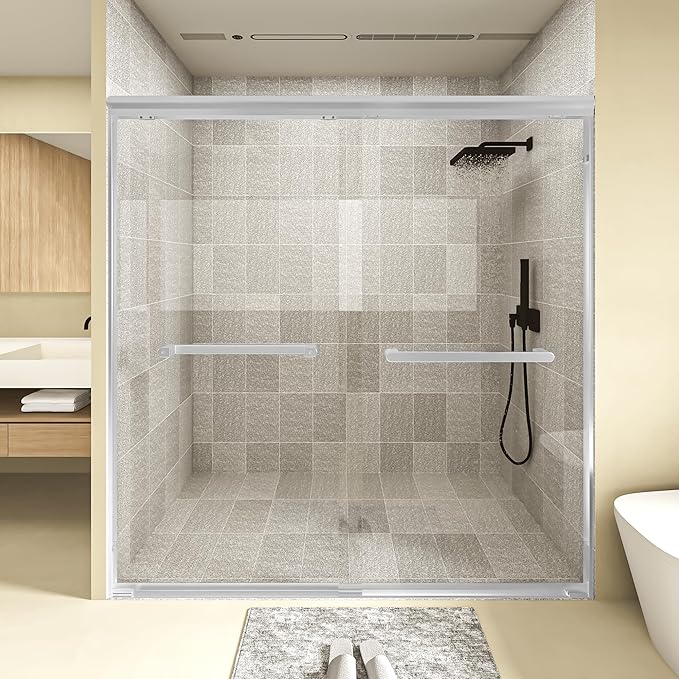 56-60x60 Inch Semi-Frameless Double Sliding Shower Door with Anti-Rust SGCC Steel Frame,1/4 Inch (6mm) Clear Tempered Glass for Walk-in Shower,Silvery