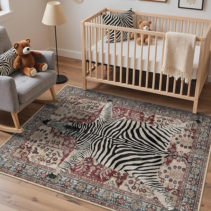 Bavni 5x7 Zebra Rug, Machine Washable Animal Print Low Pile Boho Carpet, Non-Slip Non-Shedding Pet Friendly Rug for Living Room Playroom Nursery Bedroom Entryway, Red