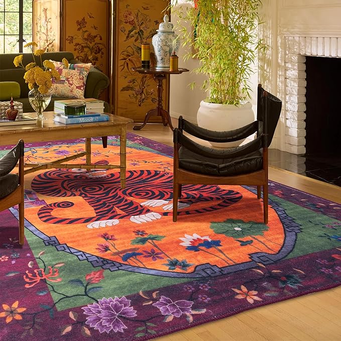 Vintage Tiger Rug Washable 6x9 Oriental Traditional Animal Print Fuchsia Floral Tibetan Rugs for Bedroom Kitchen Living Room Indoor Entryway Carpet Thin Rug