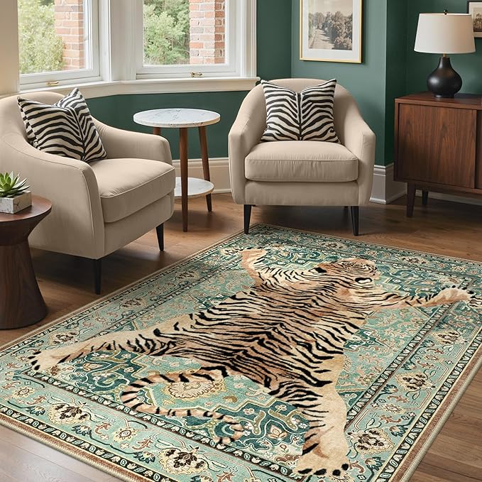 Bavni 5x7 Tiger Rug, Machine Washable Animal Print Low Pile Boho Woodland Jungle Carpet, Non-Slip Non-Shedding Pet Friendly Rug for Living Room Playroom Nursery Bedroom Entryway, Green