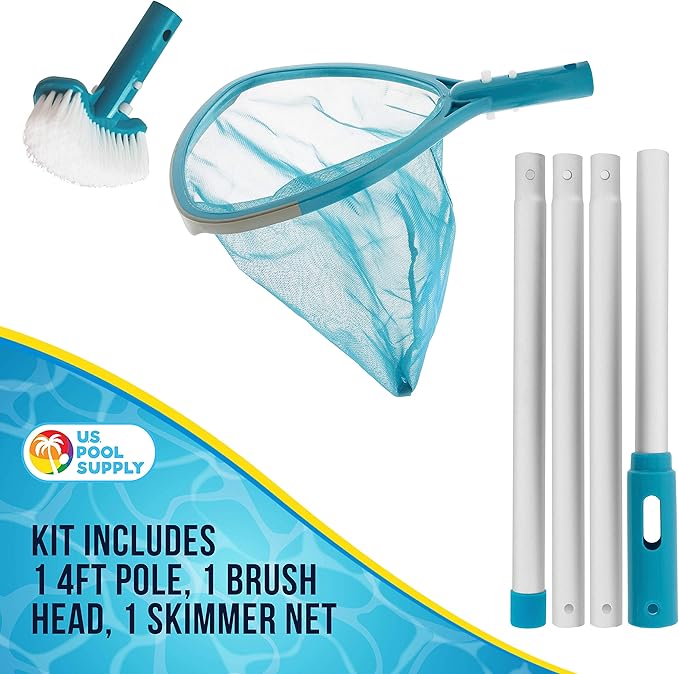U.S. Pool Supply Professional Heavy Duty Spa, Hot Tub, Pond Cleaning & Maintenance Set - Small Skimmer Net, Deep Fine Mesh Netting, Spa Scrubbing Brush, 4 Ft Pole, Floating Chlorine Chemical Dispenser
