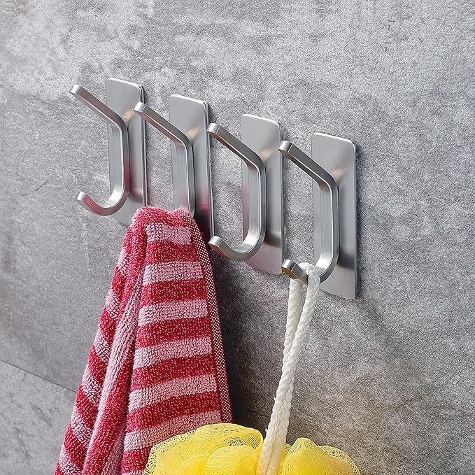 YIGII 6 Pack Adhesive Towel Hooks, Stainless Steel Sticky Hooks for Bathroom or Kitchen, Heavy Duty No Drilling Wall Hooks for Robe, Coat, Clothes (Silver)