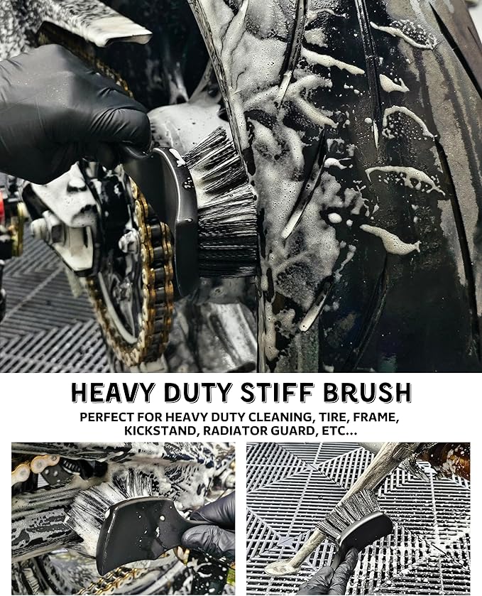 Motorcycle Cleaning Brush Kit, Easy Reach Brush, Wool Wash Mitt, Stiff Tire Brush, Detailing Brush& Microfiber Towel for Motorcycle Mudguard, Rims, Paint, Exhaust